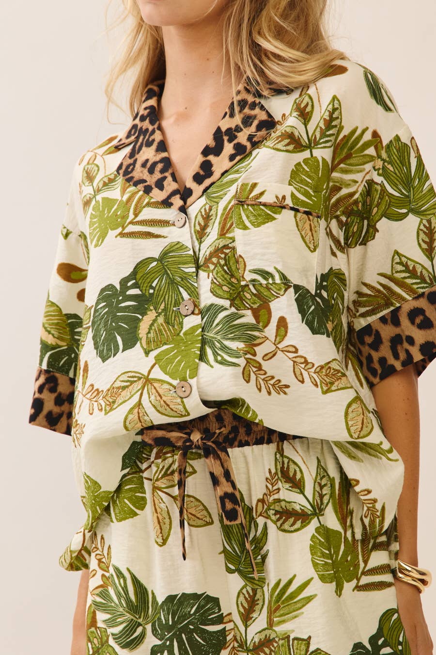 Palm and Leopard Button-up Top Matching Shorts Set