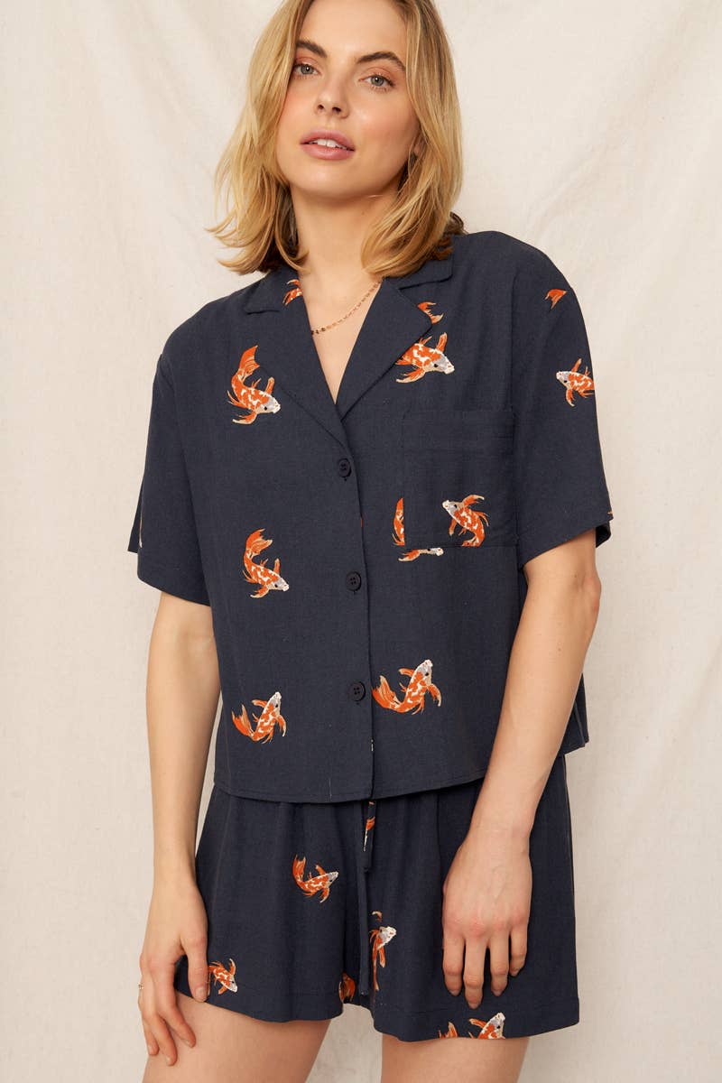 Koi Fish Print Short Sleeve Button Down Shirt