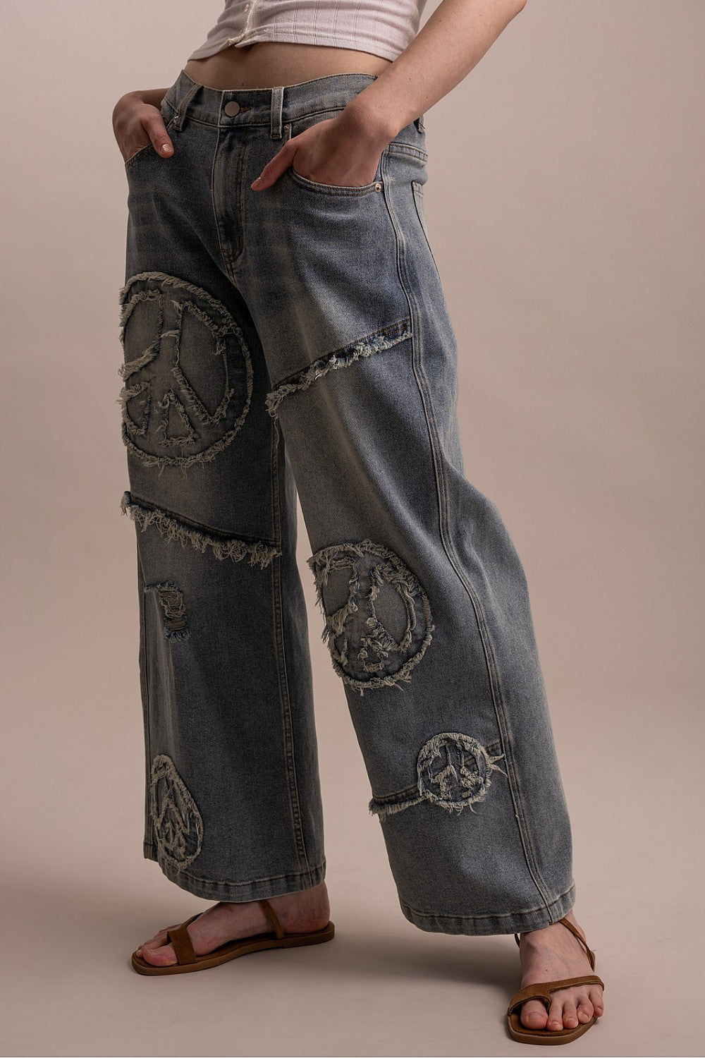 WIDE LEG PEACE PATCH WORK DENIM PANTS