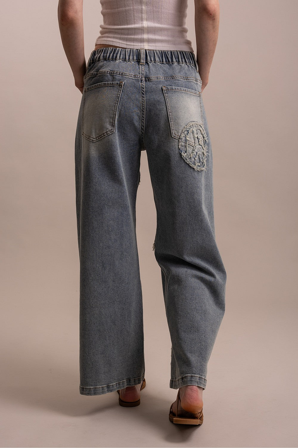 WIDE LEG PEACE PATCH WORK DENIM PANTS