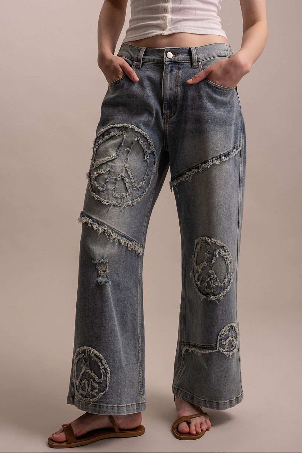 WIDE LEG PEACE PATCH WORK DENIM PANTS