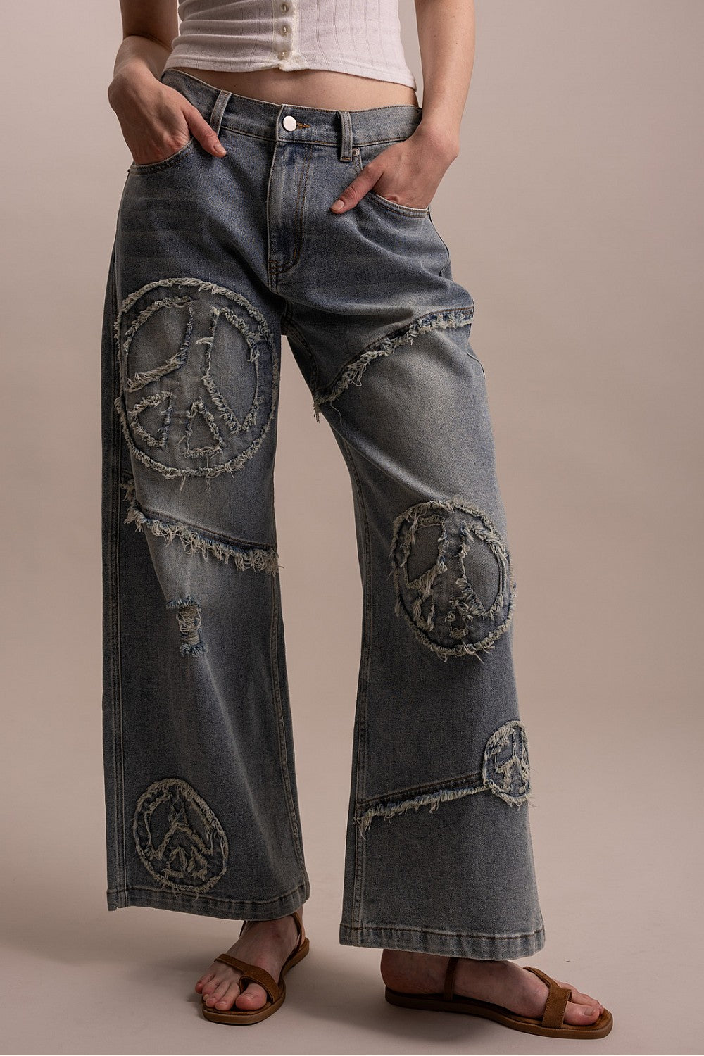 WIDE LEG PEACE PATCH WORK DENIM PANTS