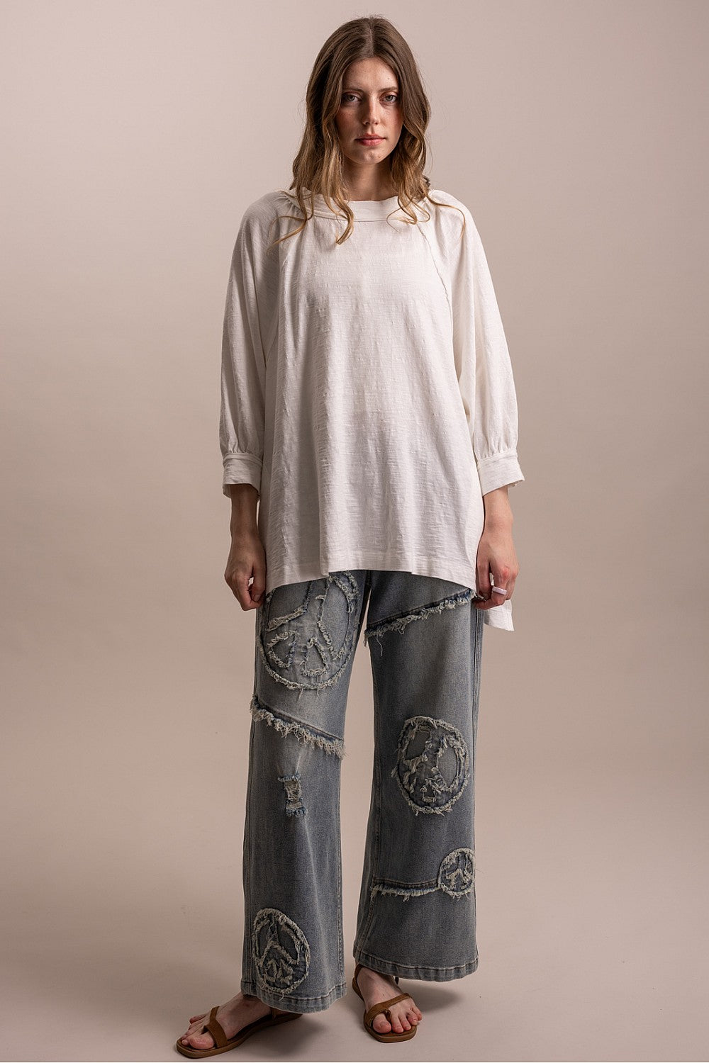 WIDE LEG PEACE PATCH WORK DENIM PANTS