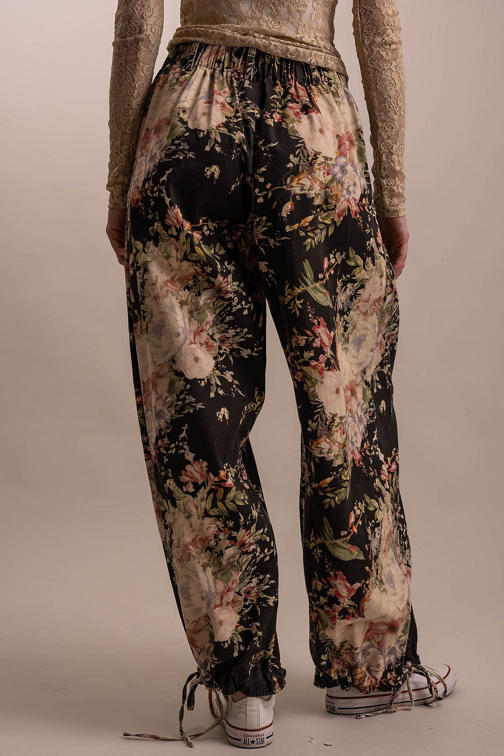 FLOWER PRINT ELASTIC WAIST PANTS WITH ADJUSTABLE HEM