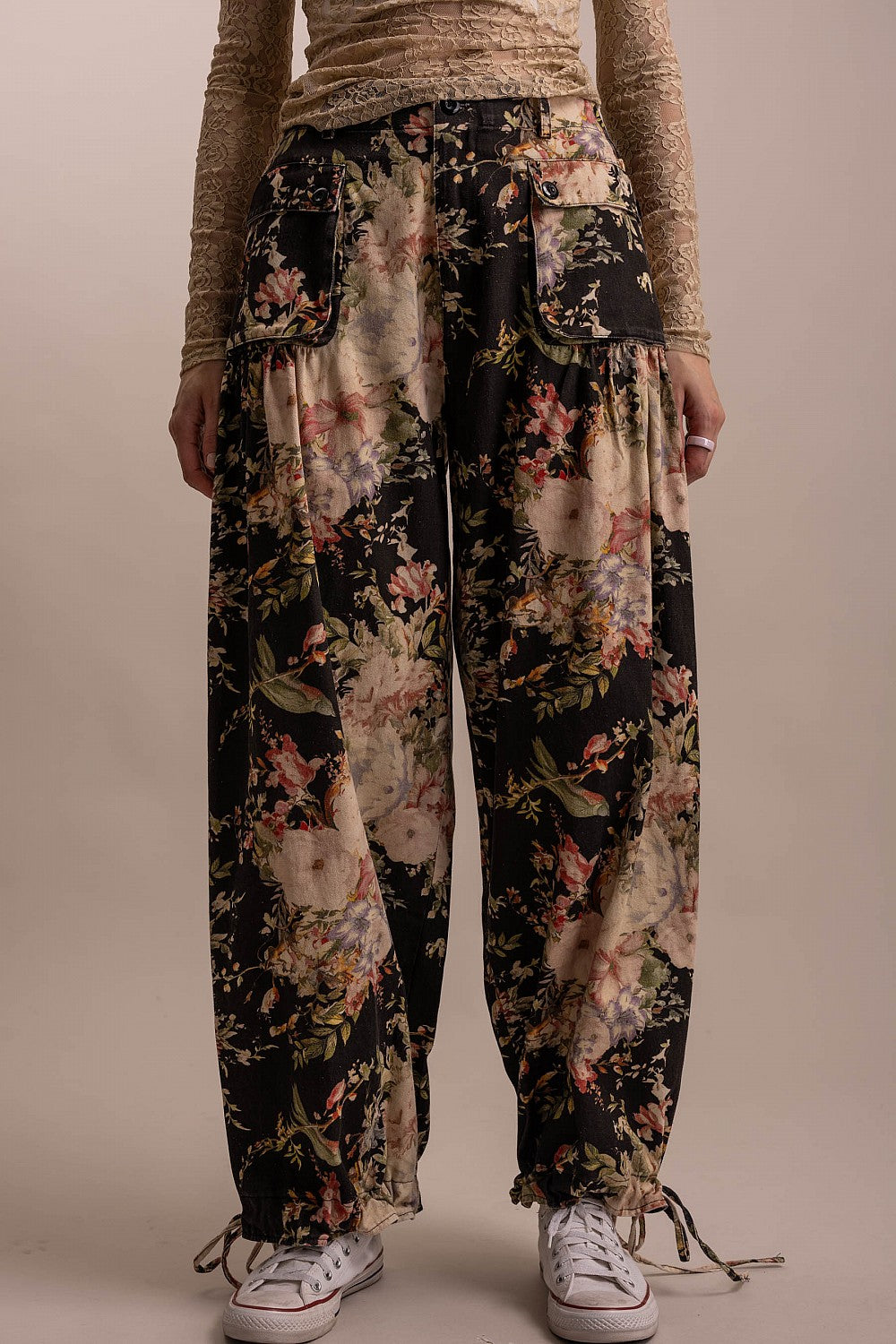 FLOWER PRINT ELASTIC WAIST PANTS WITH ADJUSTABLE HEM