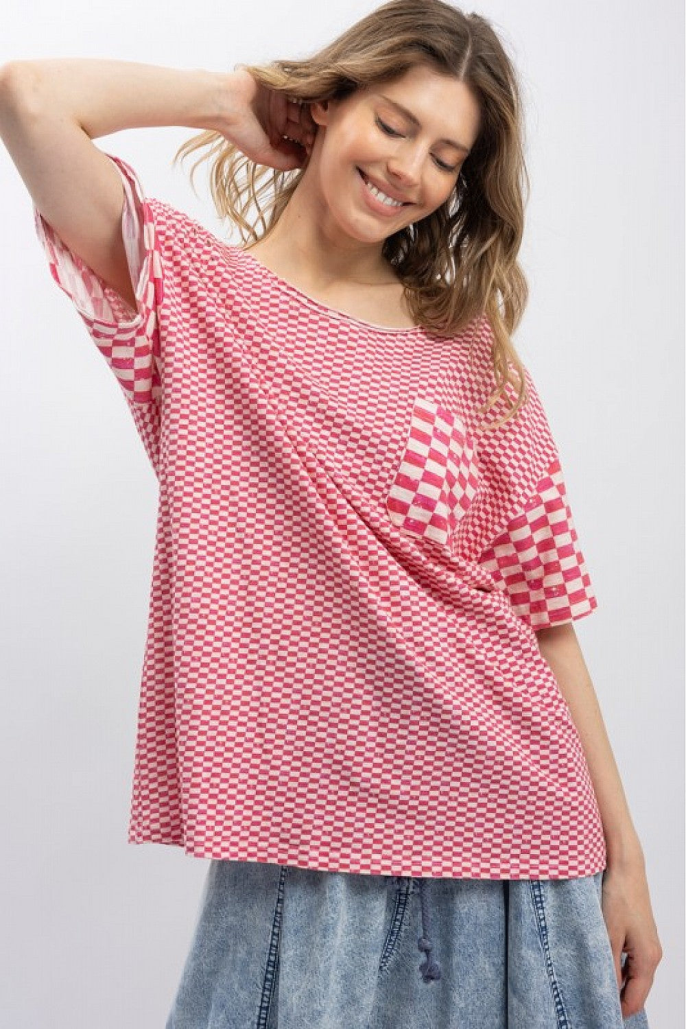 PINK CHECKERED SHORTSLEEVE SHIRT