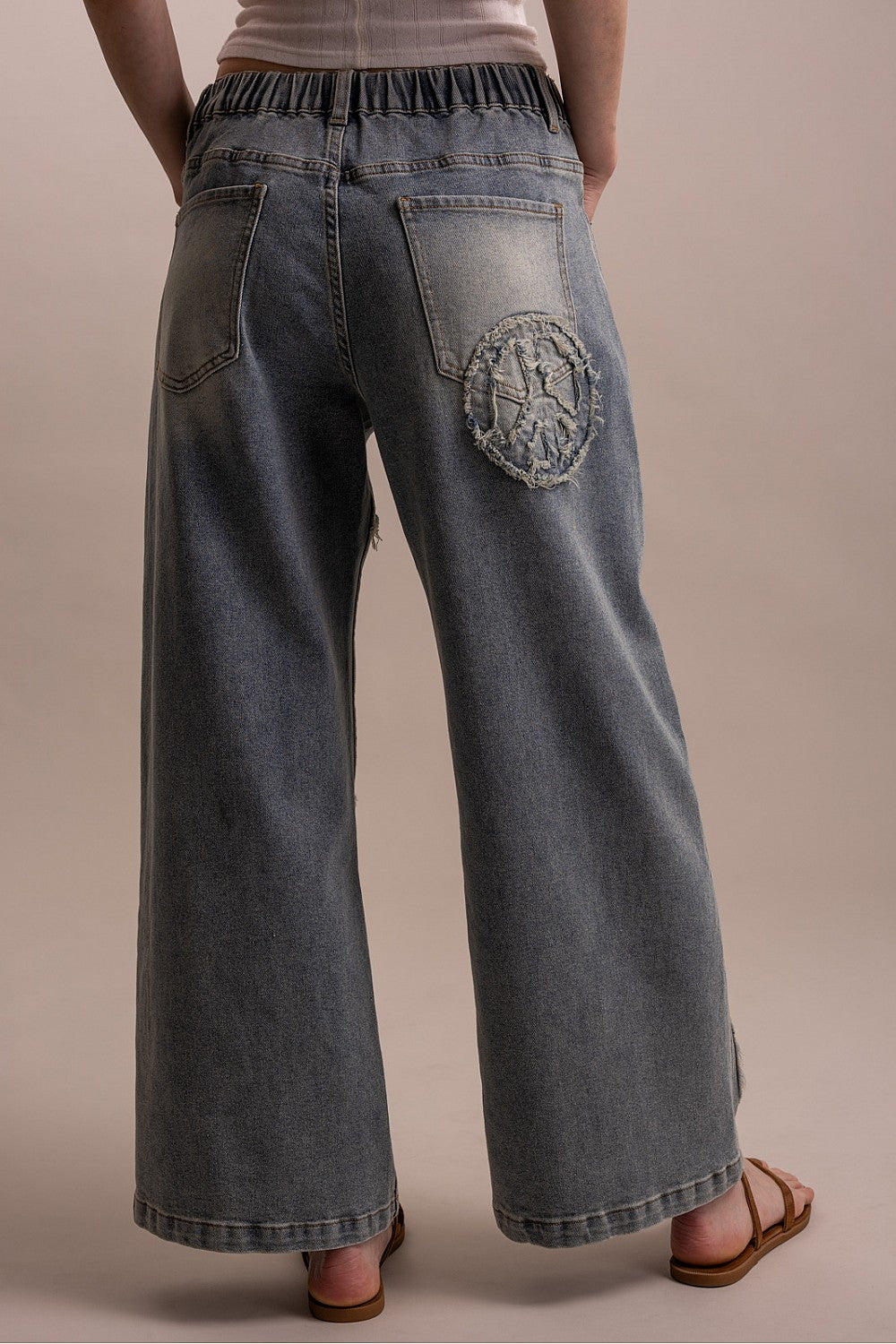 WIDE LEG PEACE PATCH WORK DENIM PANTS