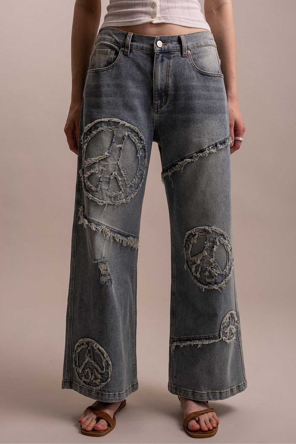 WIDE LEG PEACE PATCH WORK DENIM PANTS