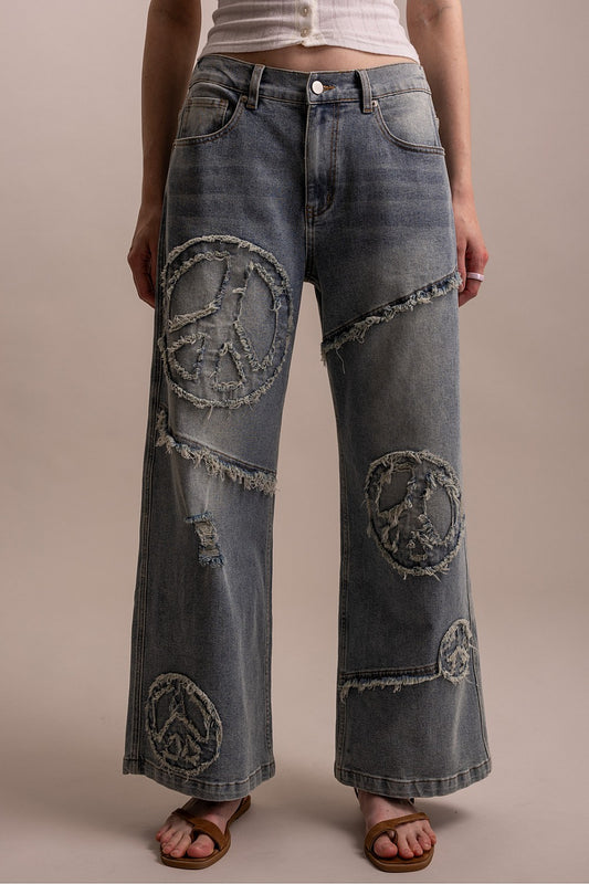 WIDE LEG PEACE PATCH WORK DENIM PANTS