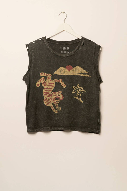 Sunset Mountaintop Tiger Distressed Graphic Tee: CHARCOAL