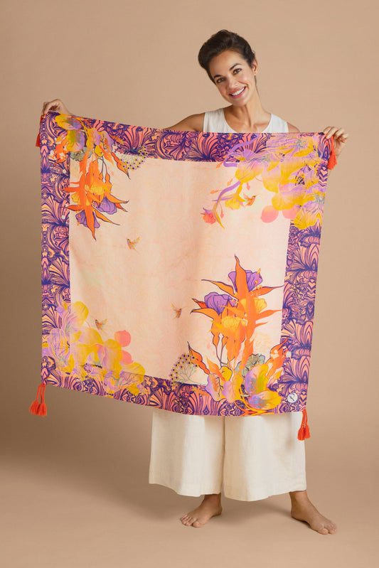 Tasselled 100% Silk Tropical Hummingbird Scarf