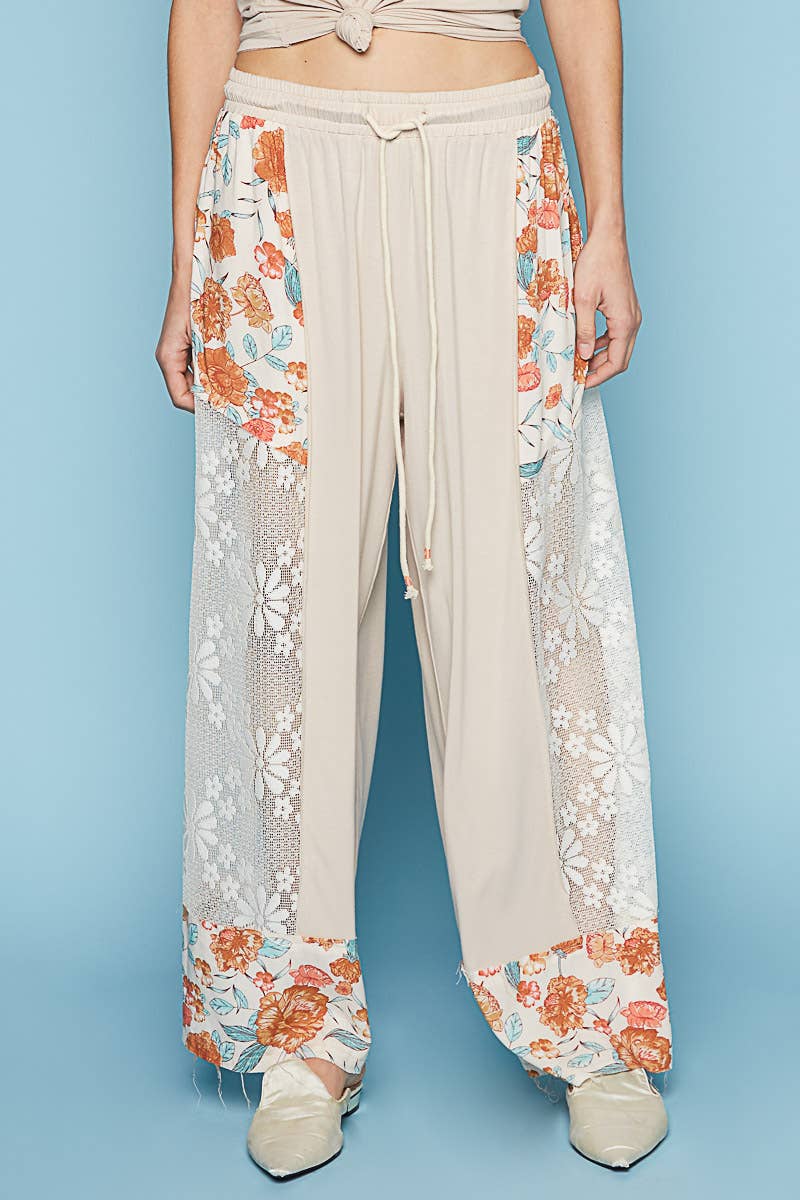 Elastic waist band lace floral print patches pants