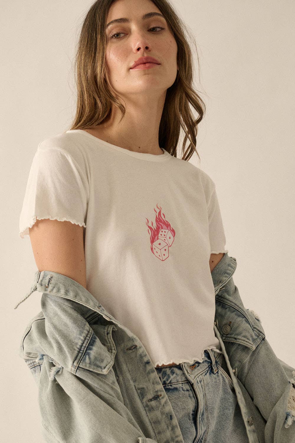 Heart Dice Cropped Lettuce Edge Graphic Baby Tee