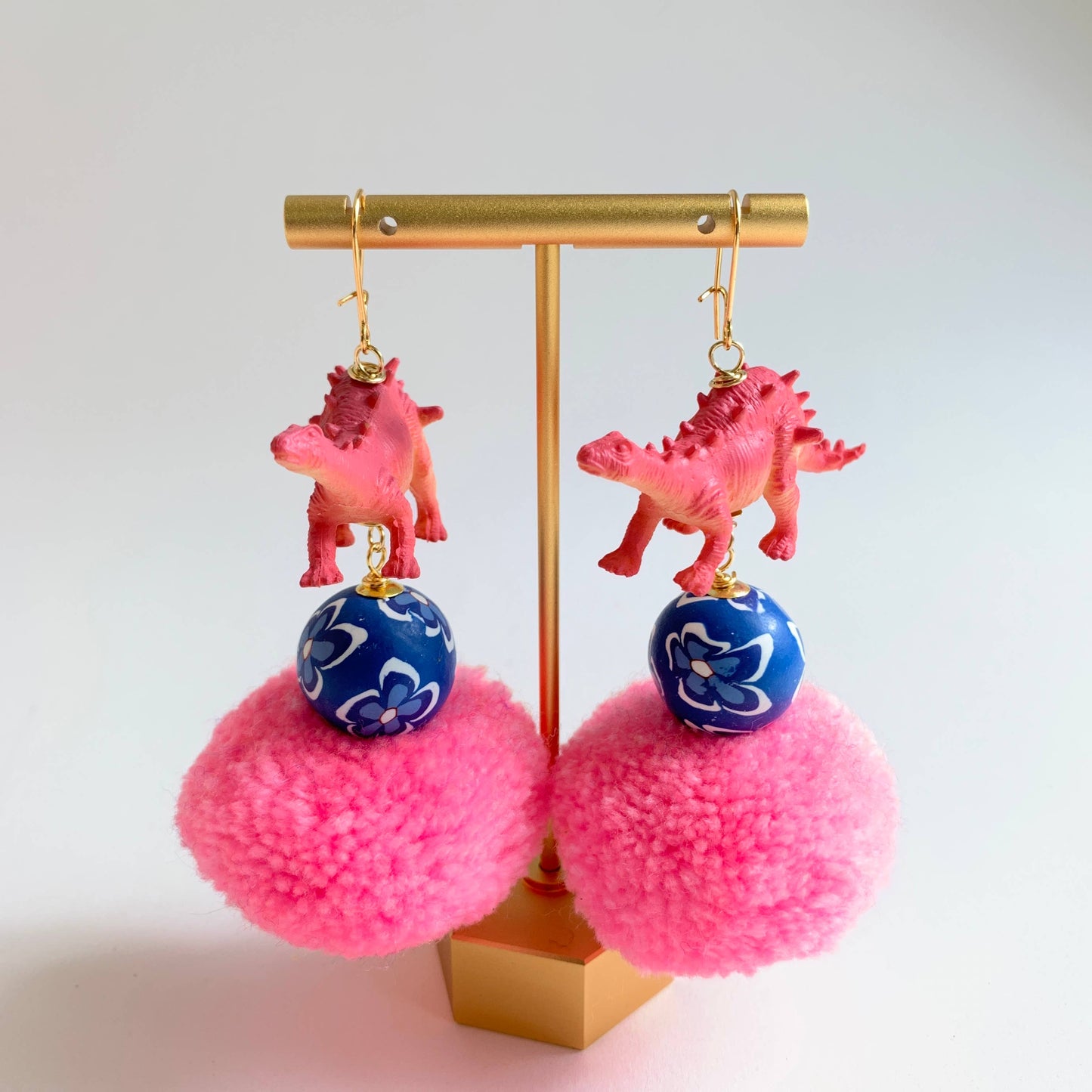 Pink Pompom Dinosaur Earrings