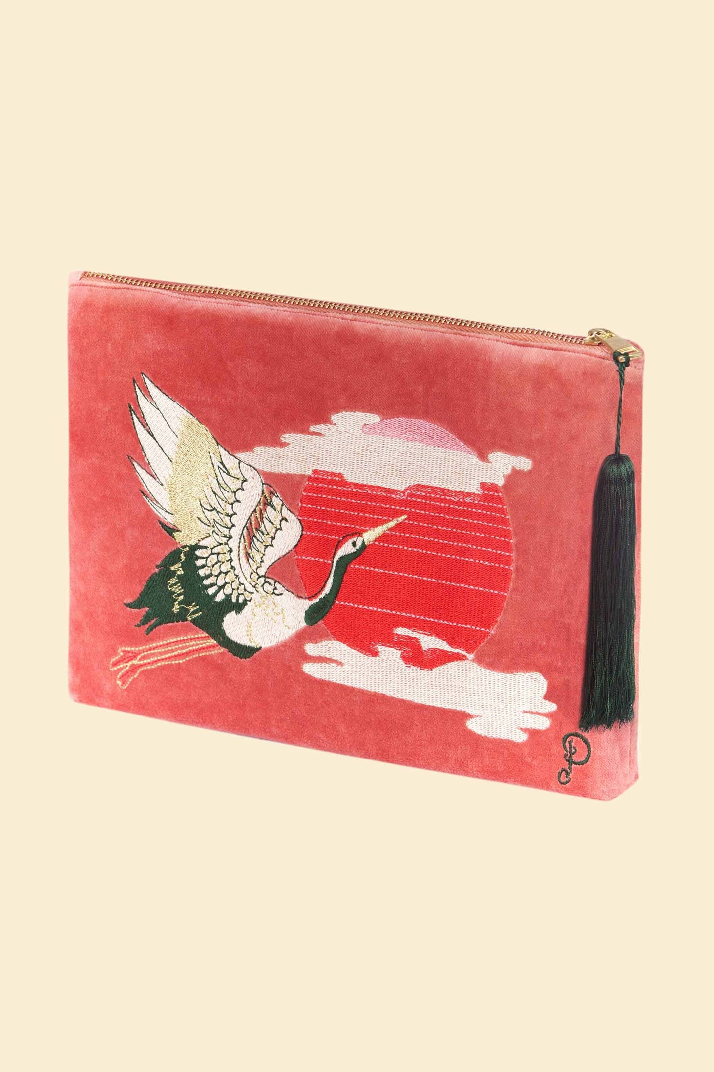 Velvet Zip Pouch - Crane at Sunrise in Petal