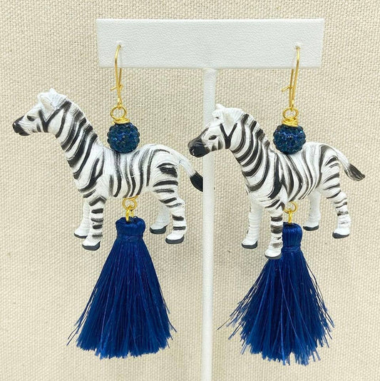 The Zebra Tassel Earrings - Navy