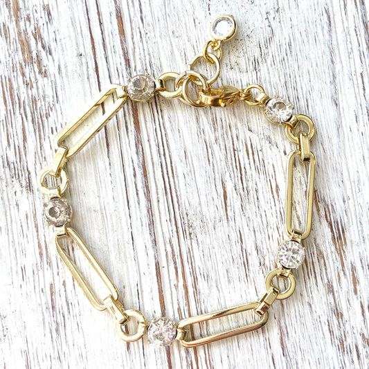 Gold and Crystals Paperclip Chain Bracelet